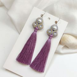 Purple Tassel Earrings, Embroidered soutache earrings, Long dangle earrings, Boho pearl Earrings
