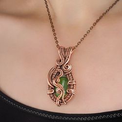 Jade necklace for woman Wire wrapped copper pendant Antique style Jewelry Wire Wrap Art design One of a kind