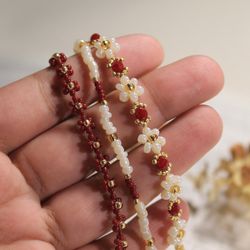 Red flower bracelets set Seed bead bracelets Cute jewelry Aesthetic bracelets Braided handmade jewellery Gift for her