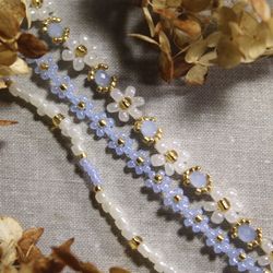 Blue pearl bracelet set Daisy bracelets Beaded bracelet Floral jewelry Flower jewellery Cute jewels Pearl bracelets