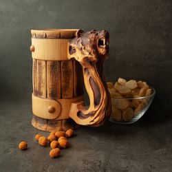 bear custom beer mug with rustic wood engraved handle, classic german and viking style ale tankard, wooden stein