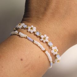 white flowers bracelet braided bracelets string elastic bracelet diy jewelry floral bracelets cute jewellery dainty