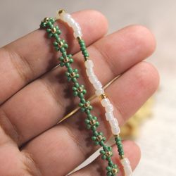 Braided beaded bracelet Green cute jewelry Flower jewellery Aesthetic jewels Beaded bracelets Handmade bracelet set