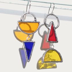 Asymmetric stained glass earrings, mismatched colorful earrings