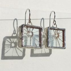 Clear glass earrings, Stained glass square earrings