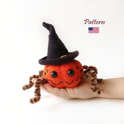 Cute spider pattern Amigurumi crochet pumpkin Spider pattern Pumpkin toy in witch hat Ideas for horror party