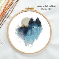 Mountains cross stitch pattern, Pine cross stitch pattern, Modern landscape embroidery, Instant download, Digital PDF