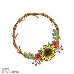 Wreath Fall Embroidery Design, Plant, Sunflower Minimalist Embroidery Design