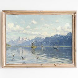 canvas art print | vintage lake geneva oil painting | antique lake art | birds painting | european fine art | lake house
