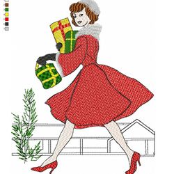 Christmas Shopping embroidery design DIGITAL files for machine embroidery 3 sizes Shopping lady pattern