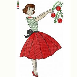 christmas lady embroidery design digital files for machine embroidery 3 sizes vintage postcard pattern