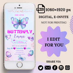 Butterfly digital Invitation, Girls birthday Invitation, Butterfly invitation, Evites, Electronic invitation, Invite