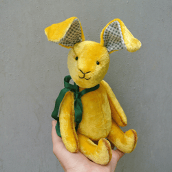 Yellow bunny rabbit, Artist rabbit ooak, Antique bunny teddy toy, Easter bunny, Vintage plush sawdust stuffed toy