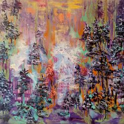 Waterfall Forest Abstract Sunset Impasto Art Large Original Oil Painting Canvas Artist Svinar Oksana