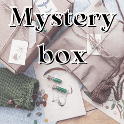 Mystery box, stickers with mushrooms,a bag of crystals, cosplay accessories.