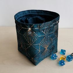 Large dice bag with pockets for 150-200 dice Teal and gold jacquard