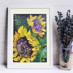 Sunflower Painting Floral Original Artwork  Flower Impasto Small Art 7" by 5"  by ArtMadeIra