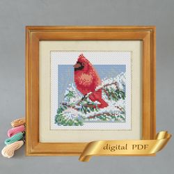 red cardinal pattern pdf cross stitch, bird embroidery diy