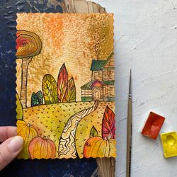 Fall painting Mini Original watercolor card Small artwork Art gift by Rubinova