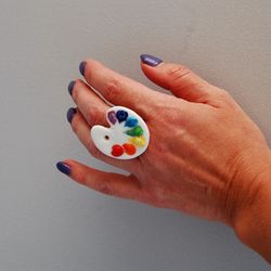 Large ring Artist Palette Porcelain Jewelry Ceramic Ring Rainbow Painter Porcelain One size ring Gift to the artist