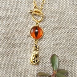 Cat Eye Necklace Evil Eye Toggle Necklace Fire Red Orange Golden Cat Charm Pendant Necklace Cat Lover Gift Jewelry 6548