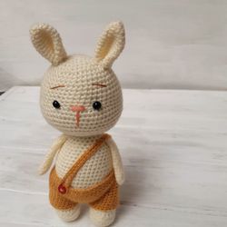Hand Crochet Funny Bunny in Overalls Softy Stuffed Toys Animals  Knit Christmas Gift Amigurumi