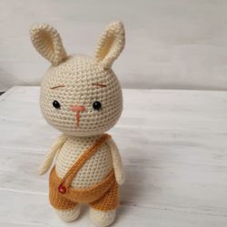 hand crochet funny bunny in overalls softy stuffed toys animals  knit christmas gift amigurumi