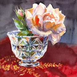 Rose in a vintage crystal vase. Original watercolor painting 8x8''