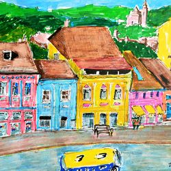 Old Town Original Painting Colorful Cityscape Houses Artwork Landscape Painting Sketch Artwork Small Artwork 8 x 10 inch