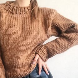 Brown chunky knit cropped sweater Wool sweater Oversized hand knit sweater Brown wool sweater Womens knitwear for winter