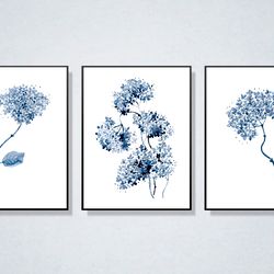 Botanical Wall Art, Gallery set of 3 botanical posters, Hydrangea print, Navy blue wall art
