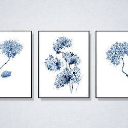 botanical wall art, gallery set of 3 botanical posters, hydrangea print, navy blue wall art
