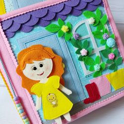 Book for girl, Textile Dollhouse with felt doll by clothes, Travel Portable Dollhouse with 4 rooms, Quiet book for girl