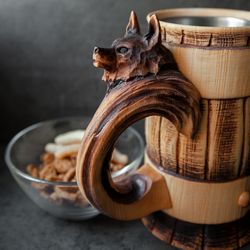 Fox Custom Beer Mug with Rustic Wood Engraved Handle, Classic German and Viking Style Ale Tankard, Wooden Stein