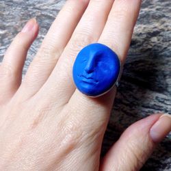 Blue moon ring, face ring, moon Goddess ring, Halloween ring, witchy moon ring, Samhein ring, ultramarine ring.