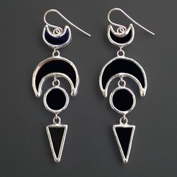 Crescent glass earrings, Asymmetric stained glass earrings, Long black earrings with mirror