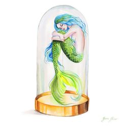 Mermaid Painting Green Mermaid Original Art Mermaid in Bottle Watercolor Sirene Artwork