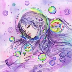 Pisces Painting Zodiac Sign Pisces Original Art Woman and Fish Watercolor Astrology Artwork