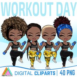 Workout Day Clipart Bundle - African American Sport Girl Clipart, Gym Day, Afro Dolls, Fitness Trainers Clip Art
