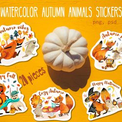 Watercolor autumn fox bunny stickers, Happy fall, Thanksgiving watercolor stickers, Halloween sticker pack, autumn