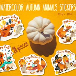 watercolor autumn fox bunny stickers, happy fall, thanksgiving watercolor stickers, halloween sticker pack, autumn