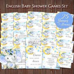 Elephant Baby Shower Games Bundle, Boy Elephant Baby Shower Games Set Party, Blue Elephant Baby Games Printable Wishes