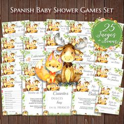 Woodland Baby Shower Games Bundle, Juegos de Baby Shower, Spanish Baby Shower Games, Greenery Spanish Baby Shower Games