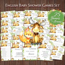 woodland baby shower games bundle, forest baby shower games set, greenery baby games animals baby shower theme games