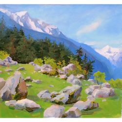 Rocky mountains painting landscape. Plein air original oil art