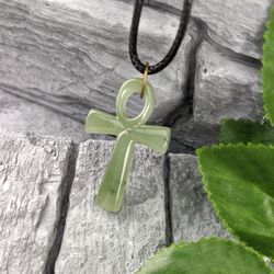 Ankh pendant Egyptian cross from green natural jade spiritual jewelry key of eternal life.