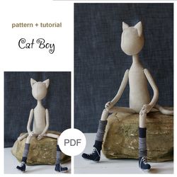 Doll male cat pattern & doll making tutorial, how to sew soft cat toy, downloadable PDF file