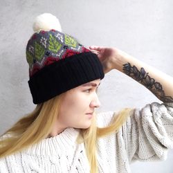 Warm knitted jacquard pompom hat