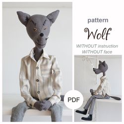 Doll wolf sewing pattern without instruction - making stuffed wolf toy, digital pattern pdf