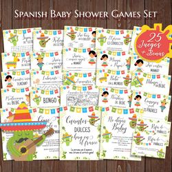 fiesta baby shower games bundle, juegos de baby shower, spanish baby shower games, mexican spanish baby shower games